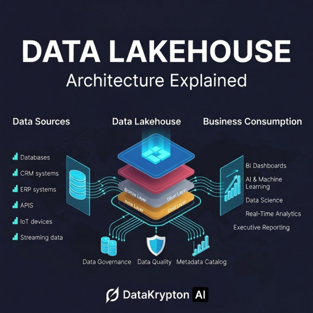 Data lakehouse architecture illustration.