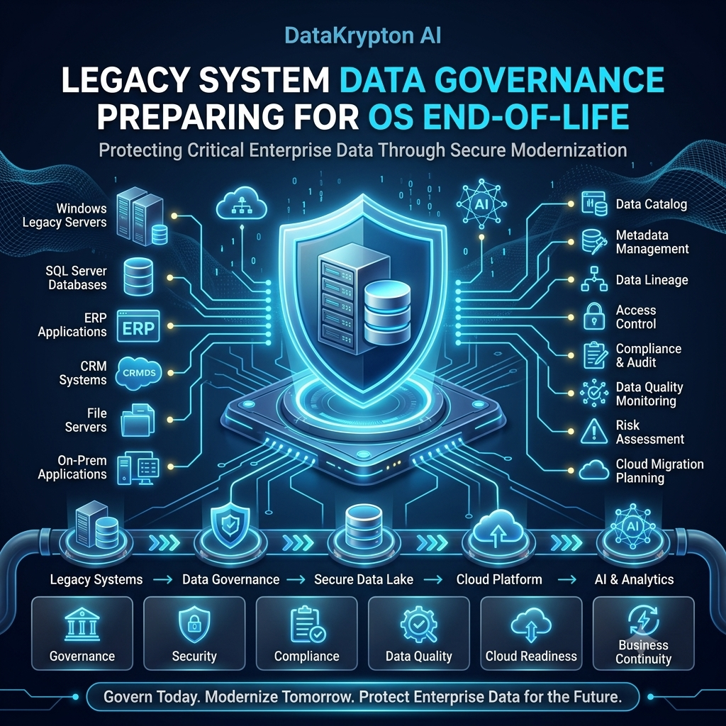 Legacy system data governance for operating system end of life planning.