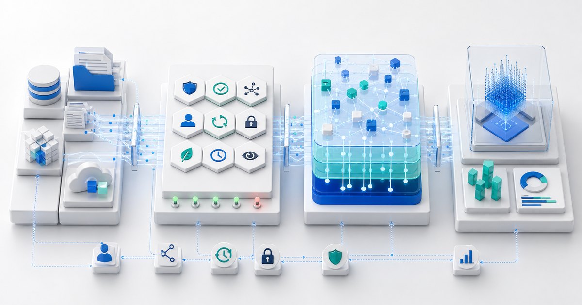 Data quality architecture connecting source-process prevention, ownership, contracts, automated tests, observability, and AI assistance.