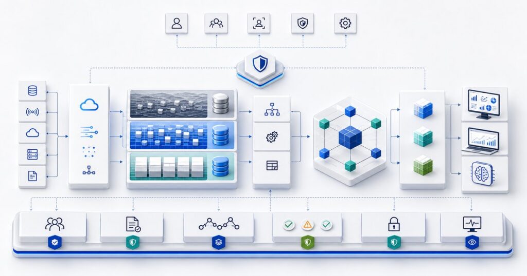 Modern data platform with ingestion, layered storage, transformation, data products, analytics, AI, and a governance control plane.