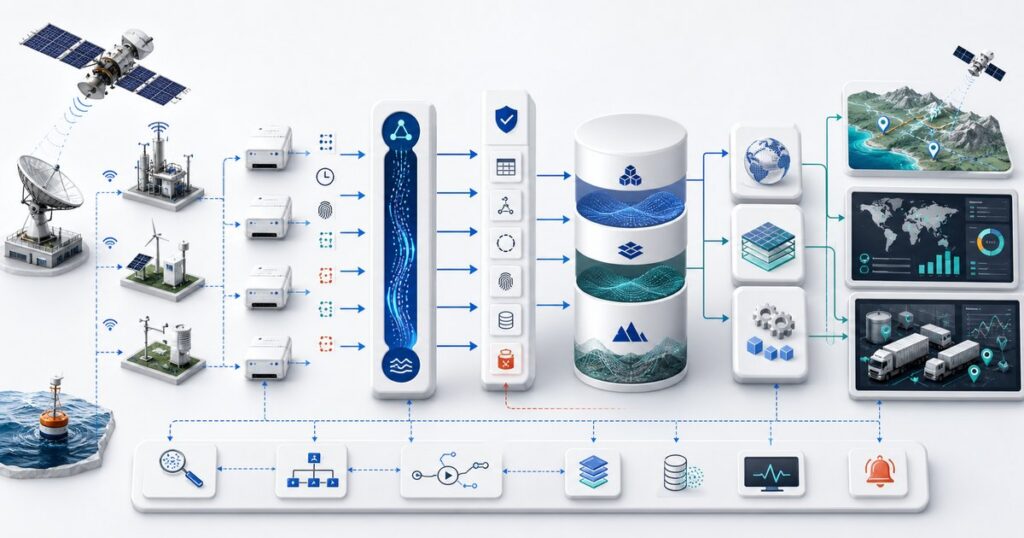 Satellite and IoT architecture connecting sensors and ground stations to streaming, quality controls, layered storage, geospatial processing, and operations.