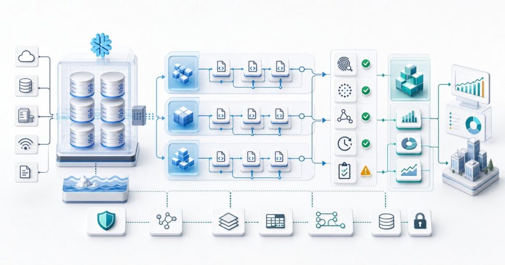 Snowflake and dbt pipeline with layered transformations, data quality gates, lineage, and trusted analytics products.